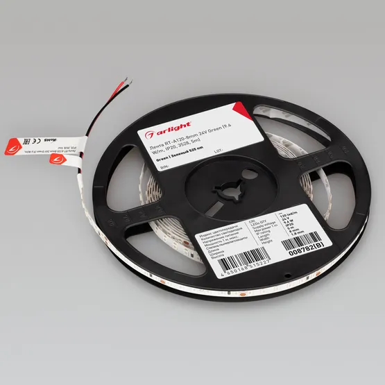 Фото #4 товара Светодиодная лента RT-A120-8mm 24V Green (9.6 W/m, IP20, 3528, 5m) (Arlight, Открытый)